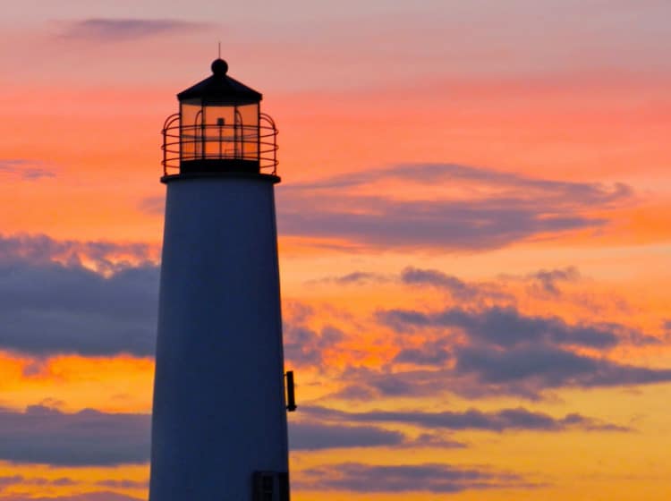 St. George Island Lighthouse with the sun setting behind