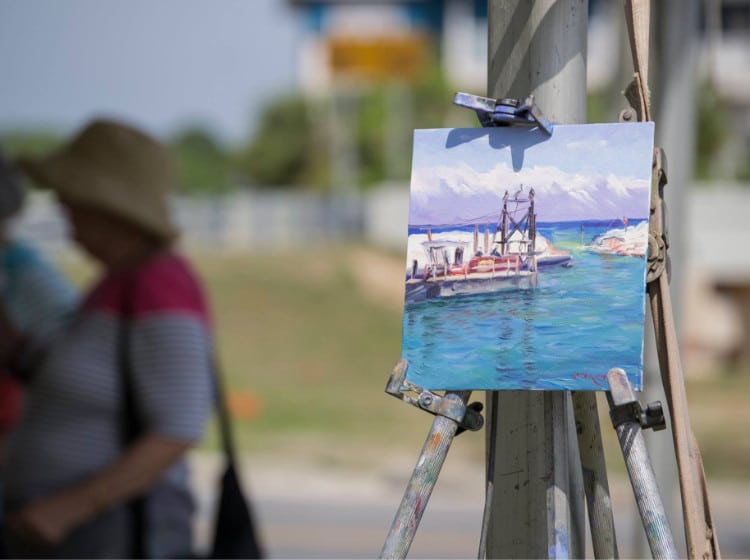 plein air painting of the water and boats