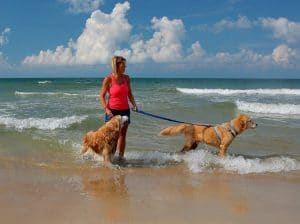 Woman with her 2 dogs on St. George Island Beach