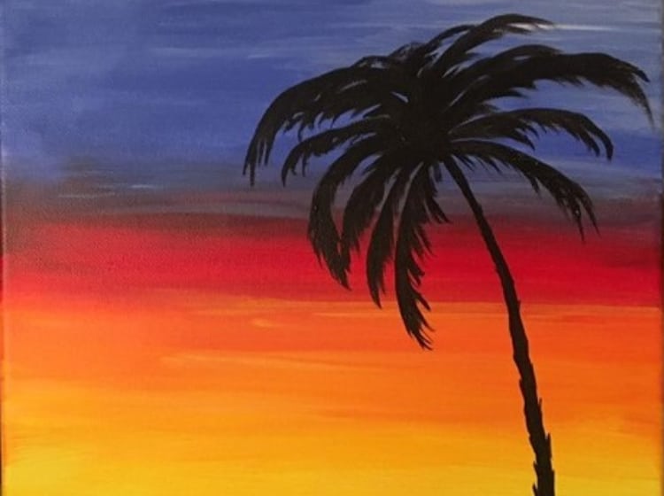 Painting of a sunset and palm tree