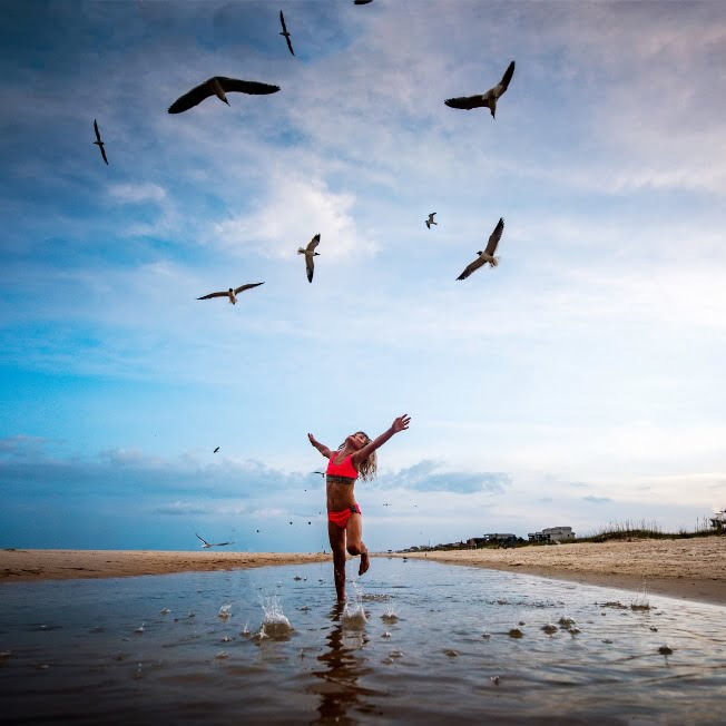 Young girl playing with the birds on SGI beach